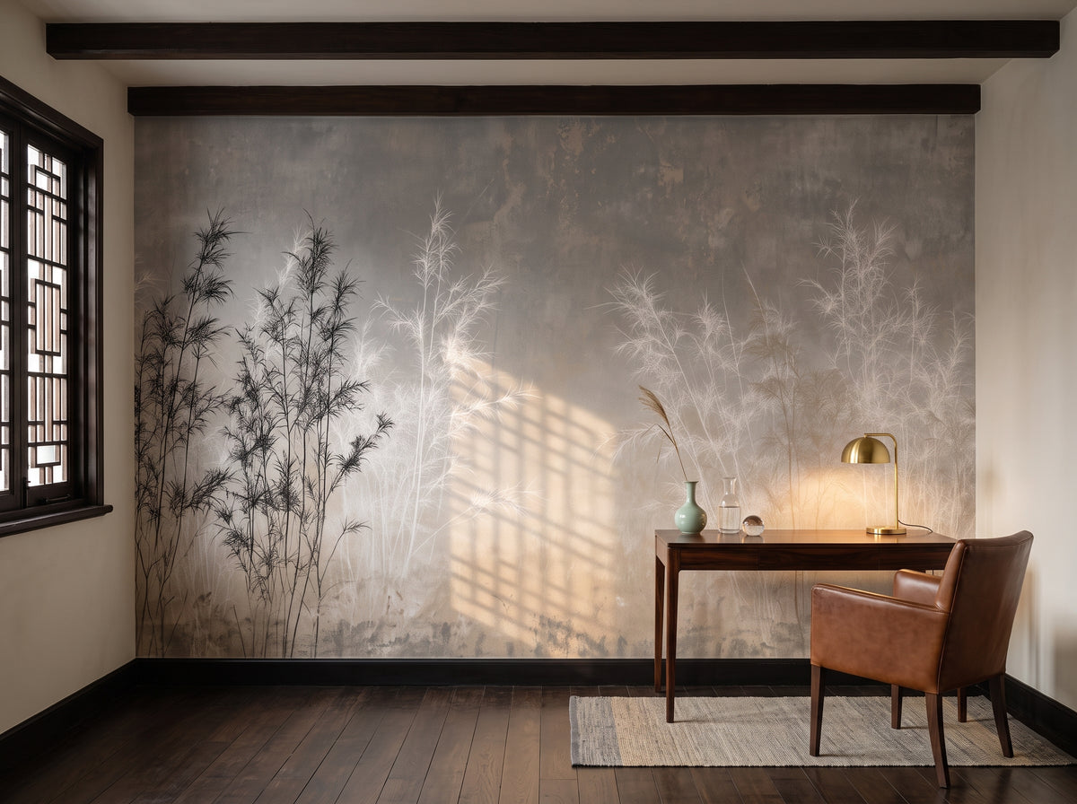 BAMBOO AND BONE im Interieur eines Arbeitszimmers in einem Shanghaier Altbau mit Schreibtisch, Sessel und Lampe rechts