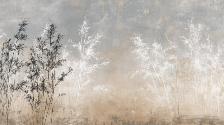BAMBOO AND BONE – full design: dark bamboo clumps on the left and pale feathery plants on a grey-blue, distressed background