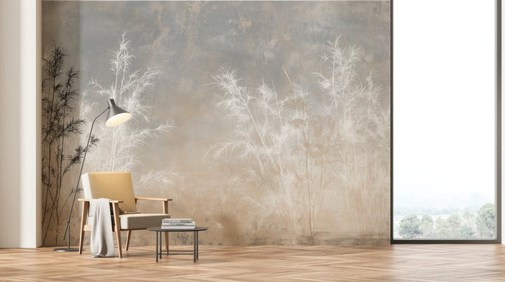 BAMBOO AND BONE across the whole wall of a bright living room – an armchair and lamp by the bamboo show the scale of the design
