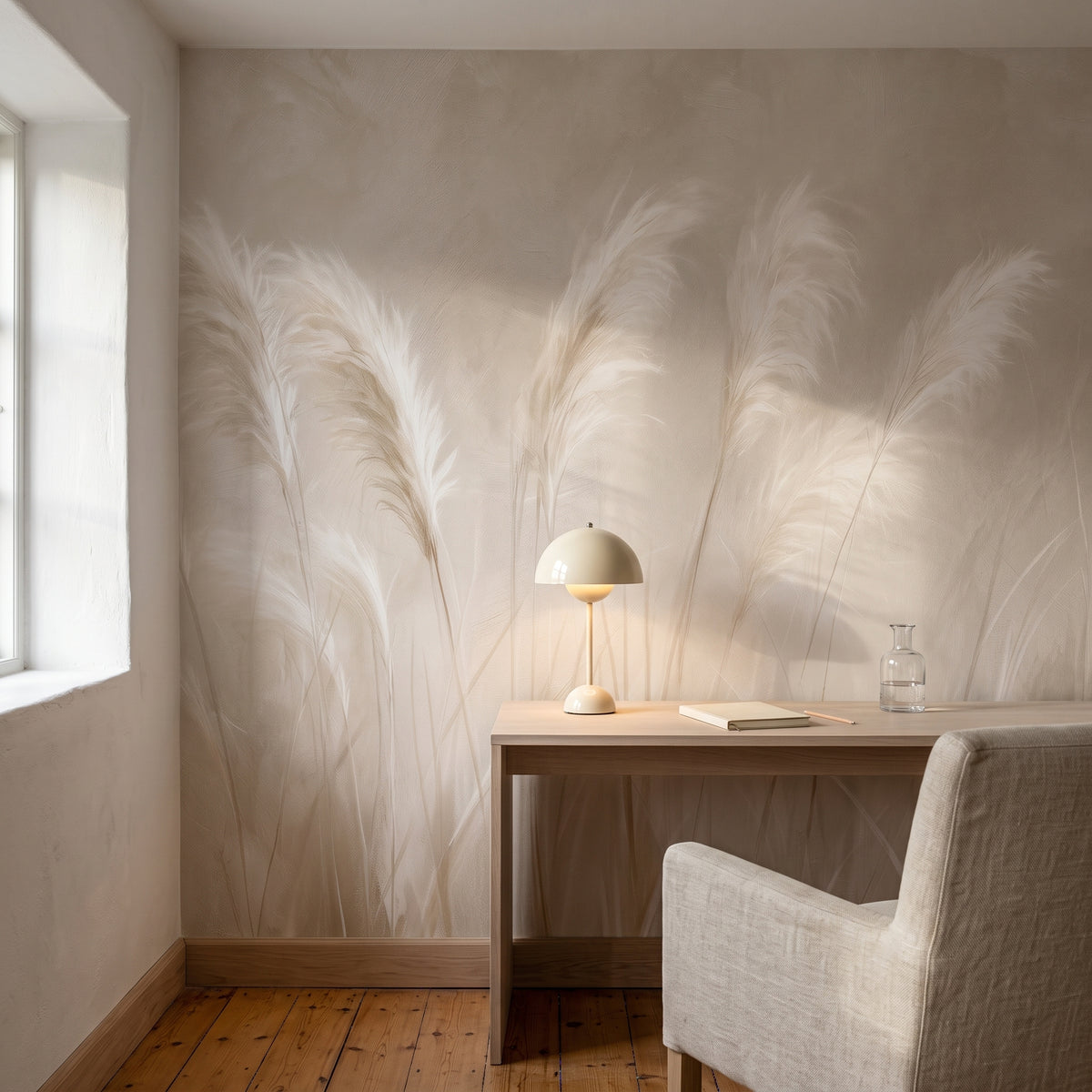 BECALMED en mise en scène de bureau dans la maison du gardien de phare à Bornholm, devant le mur une table en chêne clair avec lampe et un fauteuil en lin