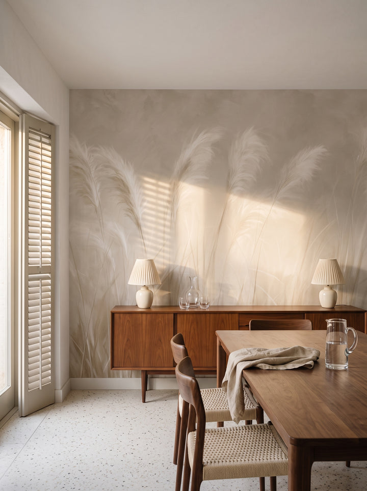 BECALMED dans une salle à manger d'une maison moderniste à Hvar, devant le mur, une commode en noyer avec lampes et une table entourée de chaises tressées