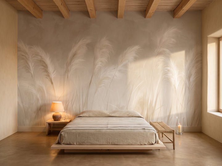 BECALMED en mise en scène de chambre dans une maison en adobe à Marfa, devant le mur un lit bas et une table de chevet