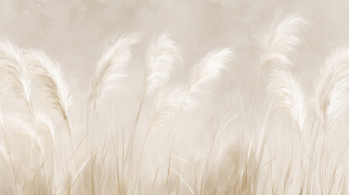 BECALMED – motif entier : rangée de plumets d'herbe de la pampa blancs et crème sur fond beige sable aux tons sépia