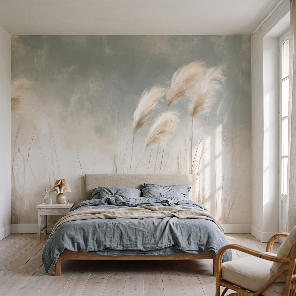 BETWEEN GUSTS en mise en scène dans une chambre bord de mer en Normandie, devant le mur un lit bas et une table de chevet avec lampe