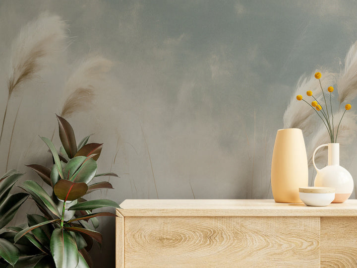 BETWEEN GUSTS en gros plan au-dessus d'une commode claire avec vases – nuages estompés et doux plumets d'herbe de la pampa
