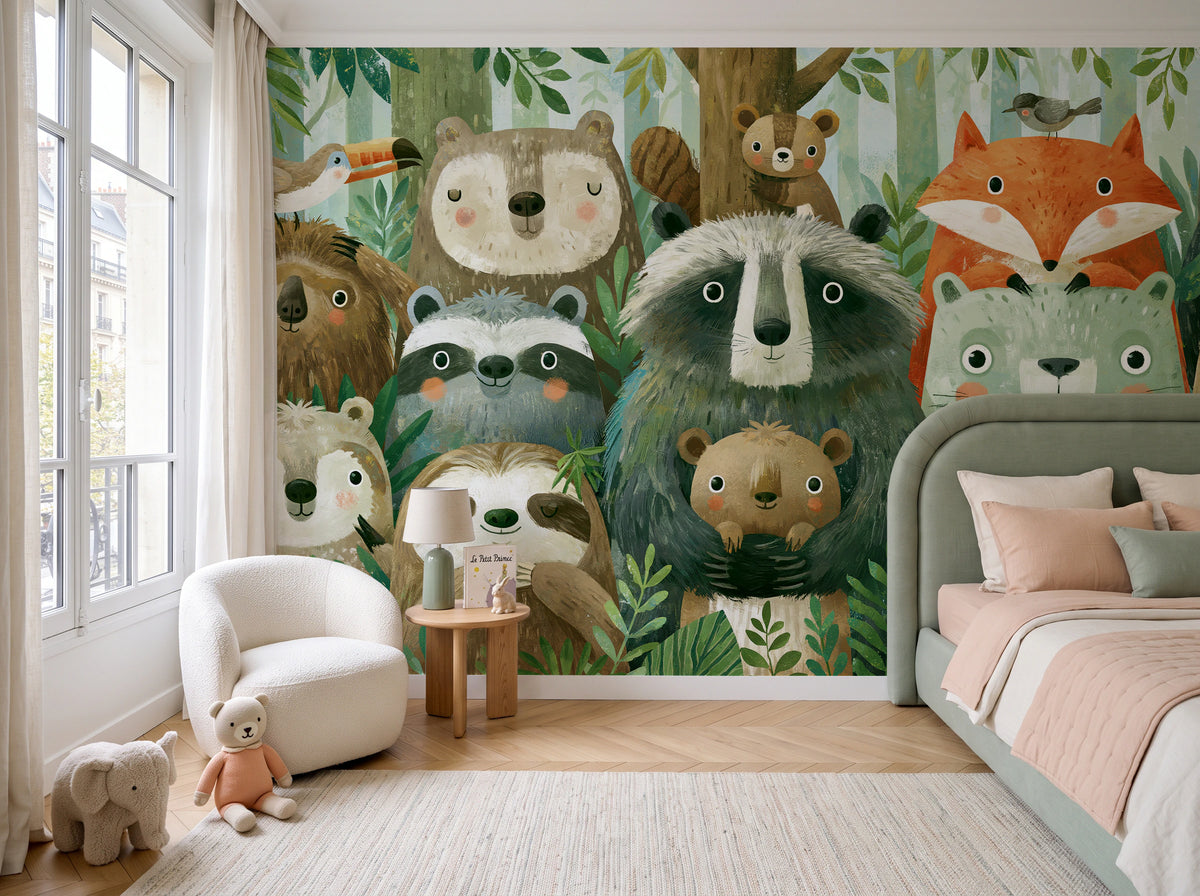 WOODLAND HUDDLE - tapeta z leśnymi zwierzętami dla dzieci — children's room with window