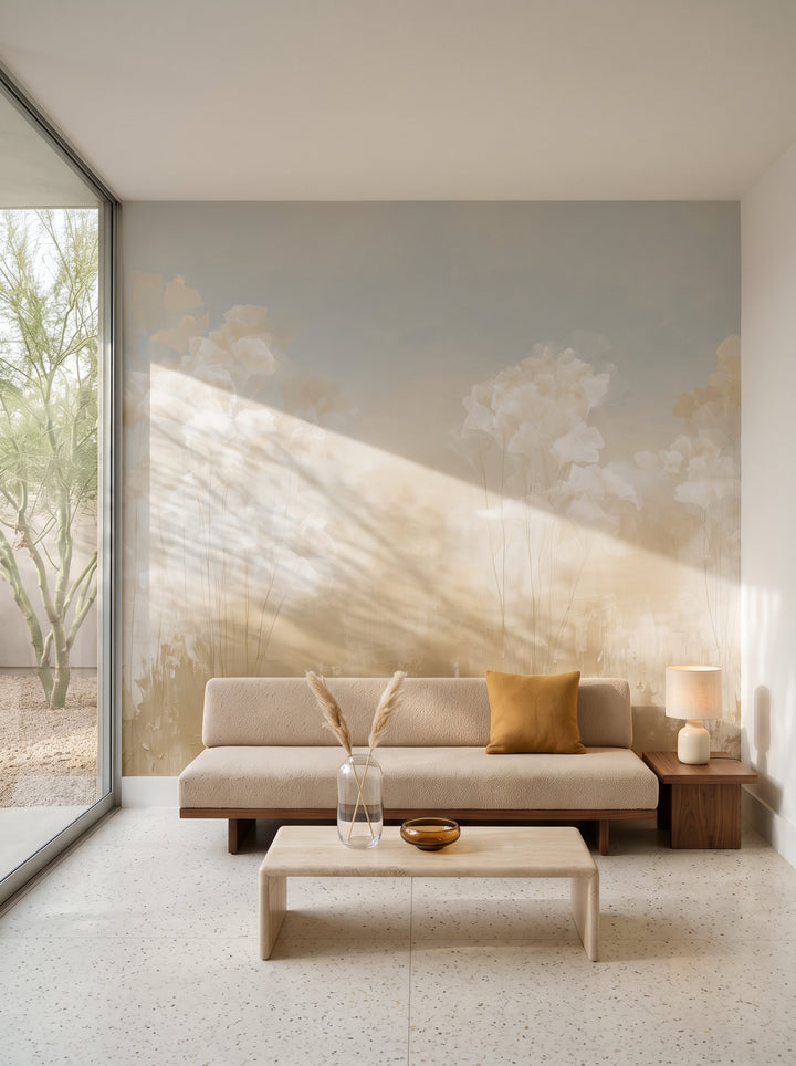 BILLOW nell'ambientazione di un soggiorno in una casa modernista a Palm Springs: davanti alla parete un divano basso color sabbia e un tavolino in travertino