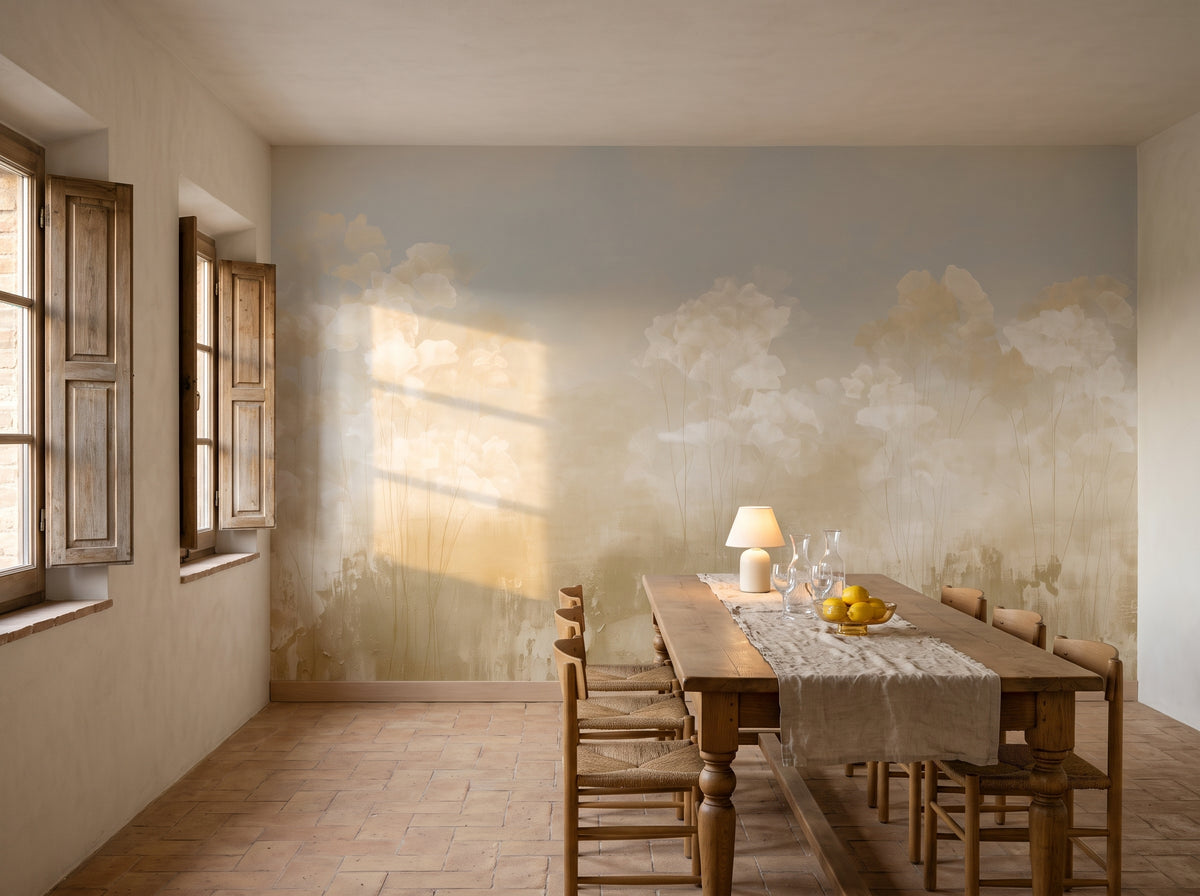 BILLOW in a dining room setting in a Tuscan villa near Siena, with an oak table and chairs with woven seats in front of the wall
