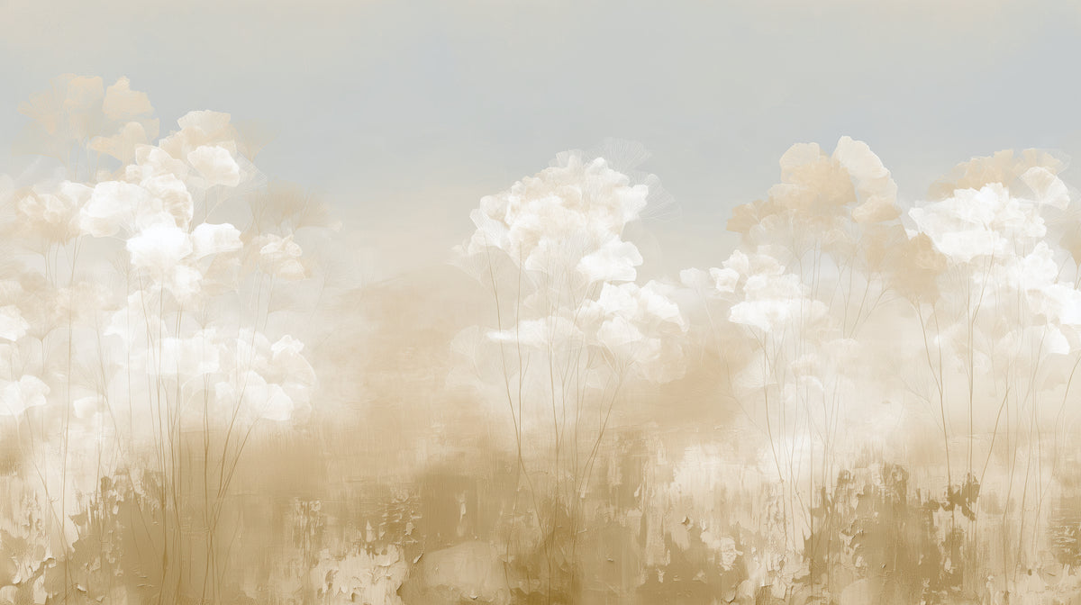 BILLOW – the full design: clusters of white ginkgo leaves like clouds above an ochre band, with pale blue at the top
