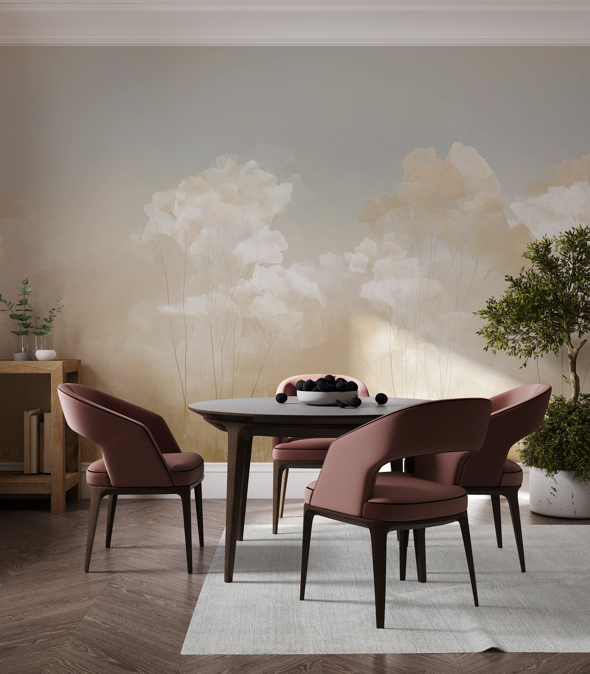 BILLOW across the whole wall of a dining room – clouds of leaves float high above a round table and armchairs in a muted pink