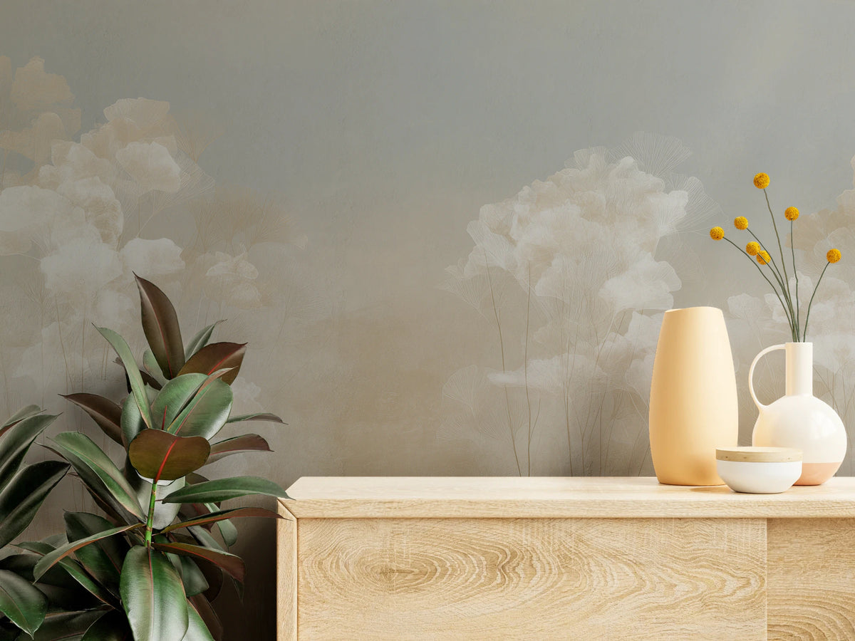 BILLOW close up – clusters of semi-transparent leaves on a pale blue background behind a pale chest of drawers