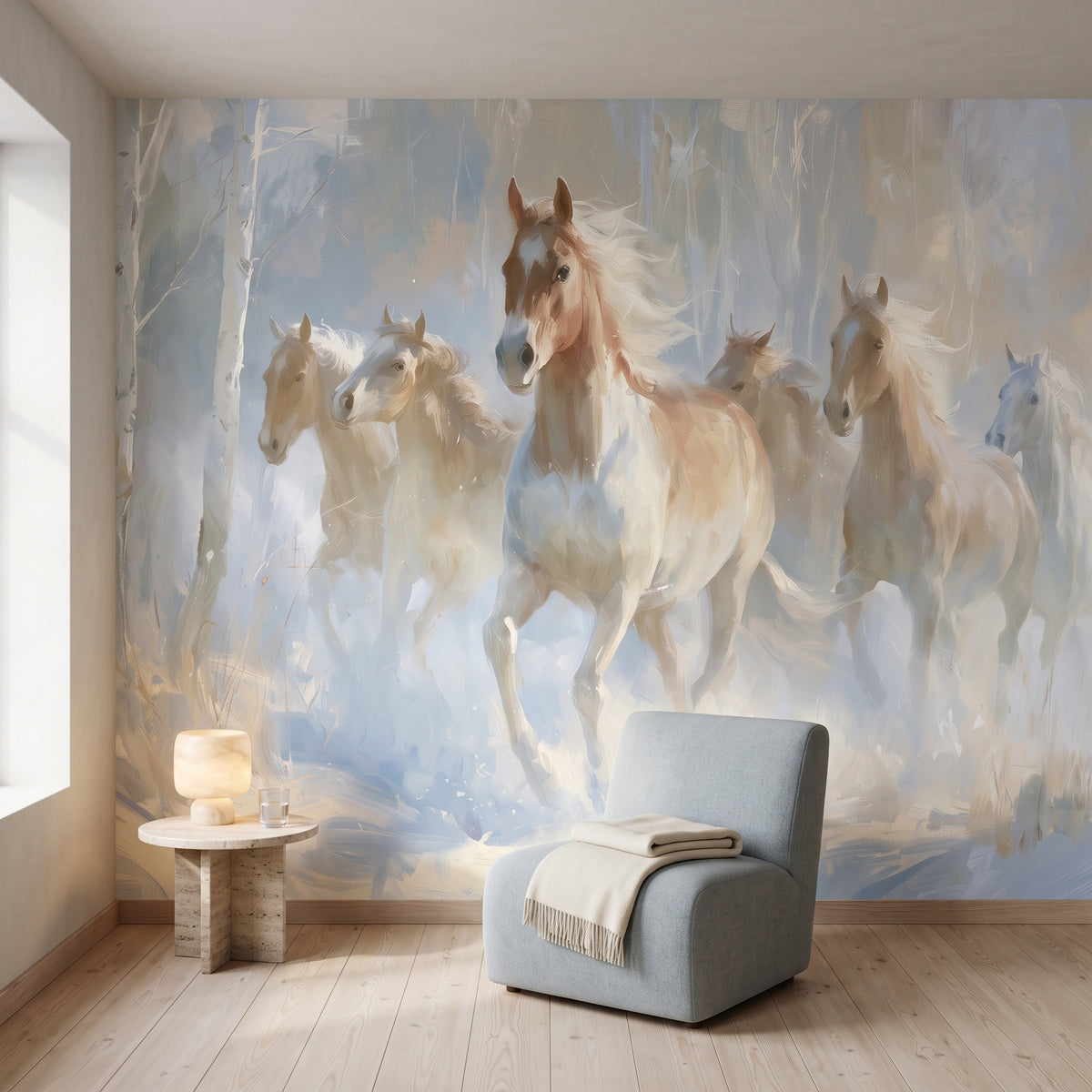 BIRCH RUN en una ambientación de salón de hotel: caballo guía sobre un sillón gris azulado con manta y una mesa de travertino