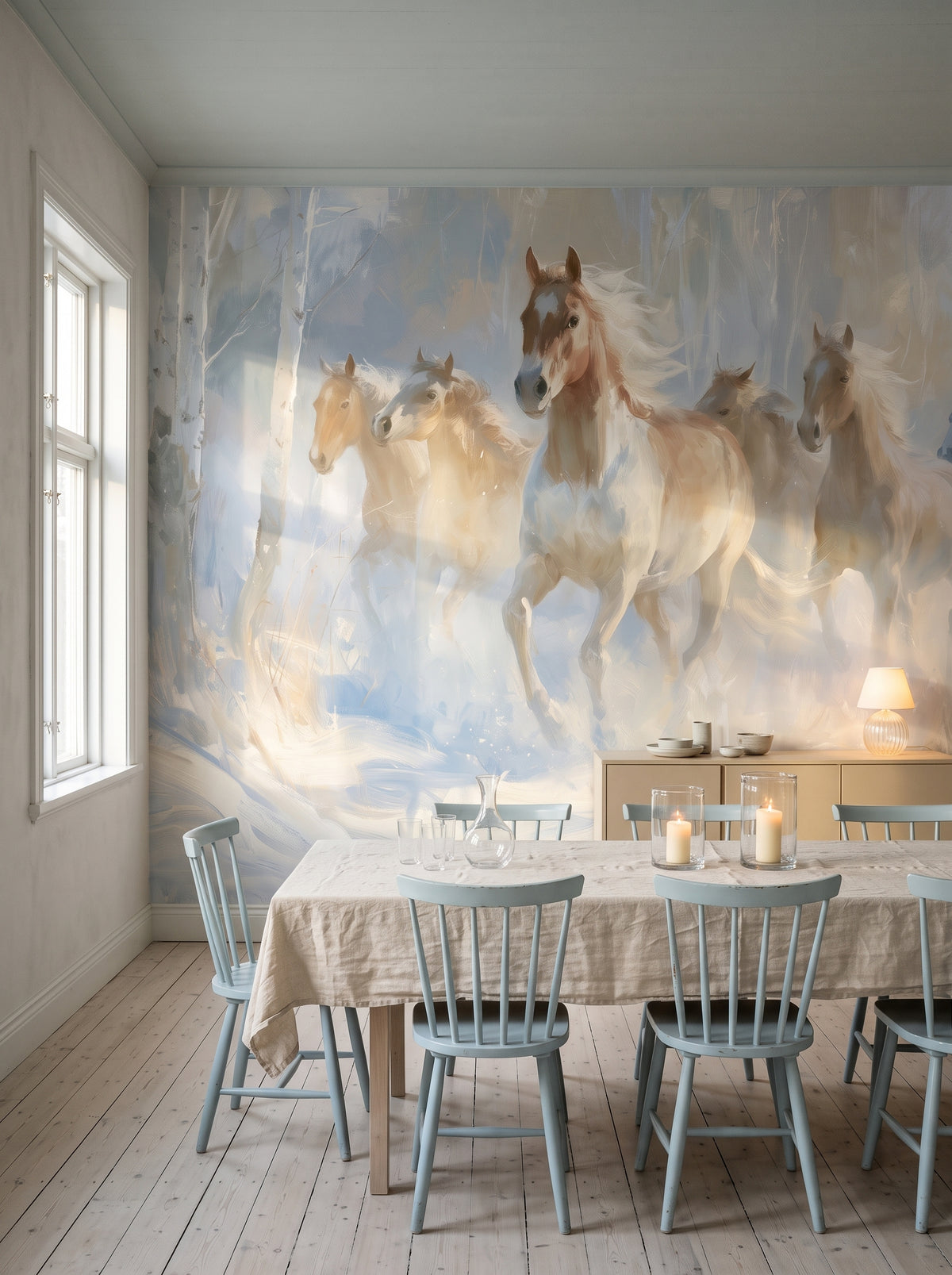 BIRCH RUN en una ambientación de comedor: caballos en un bosque de abedules sobre una mesa con mantel de lino y sillas azul claro