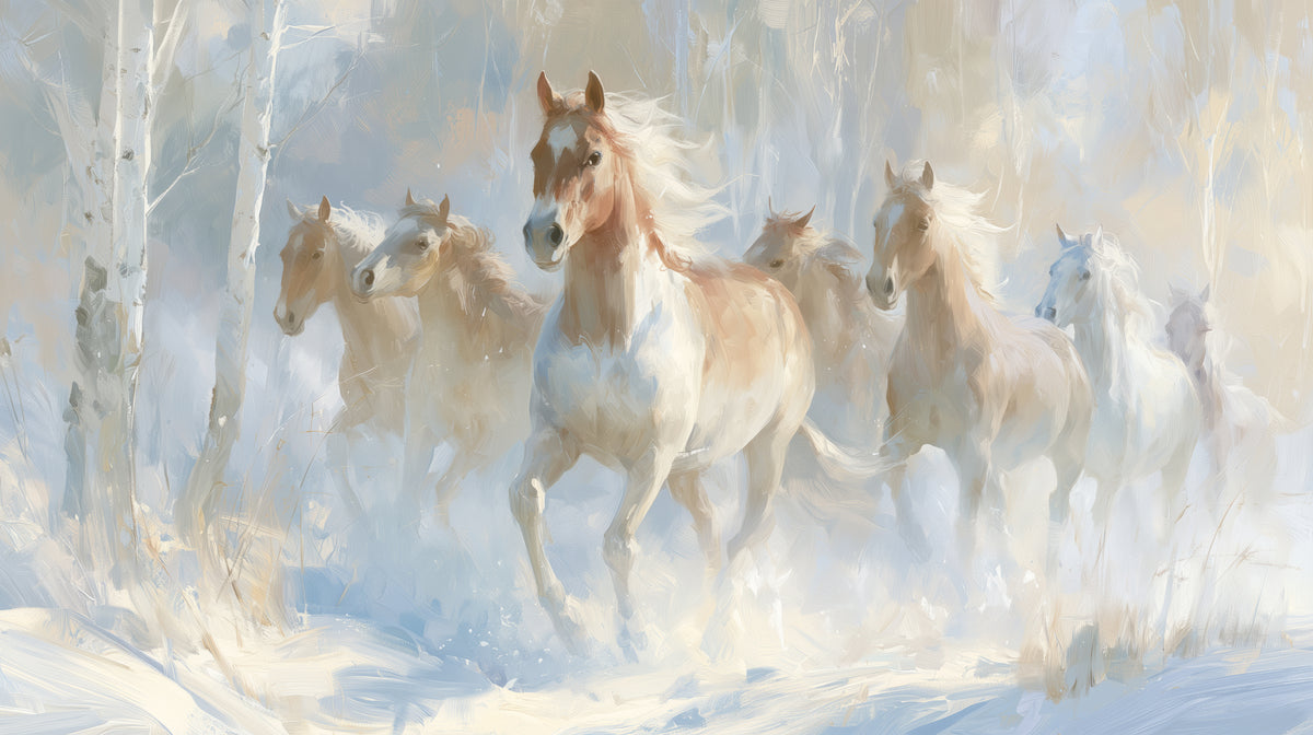 BIRCH RUN, diseño completo: siete caballos al galope por un bosque de abedules nevado, en azul, crema y marrón claro