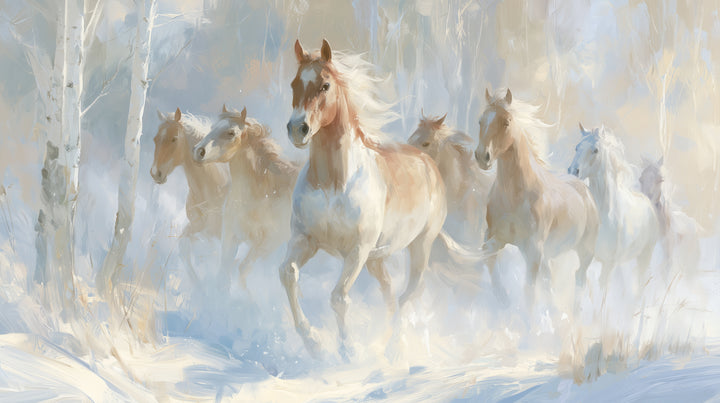 BIRCH RUN, diseño completo: siete caballos al galope por un bosque de abedules nevado, en azul, crema y marrón claro
