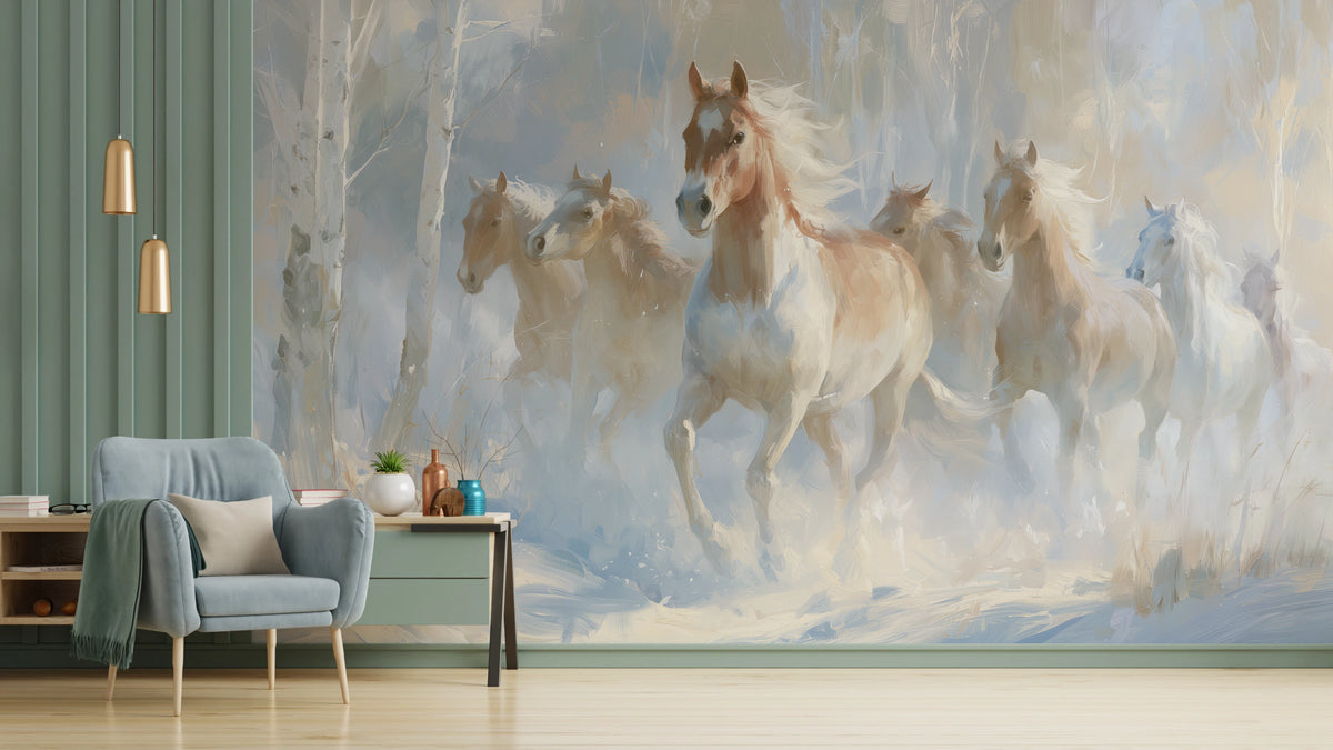 BIRCH RUN, pared de salón: manada al galope entre abedules, con un caballo de lista blanca en el centro; a la izquierda, panel verde y sillón celeste