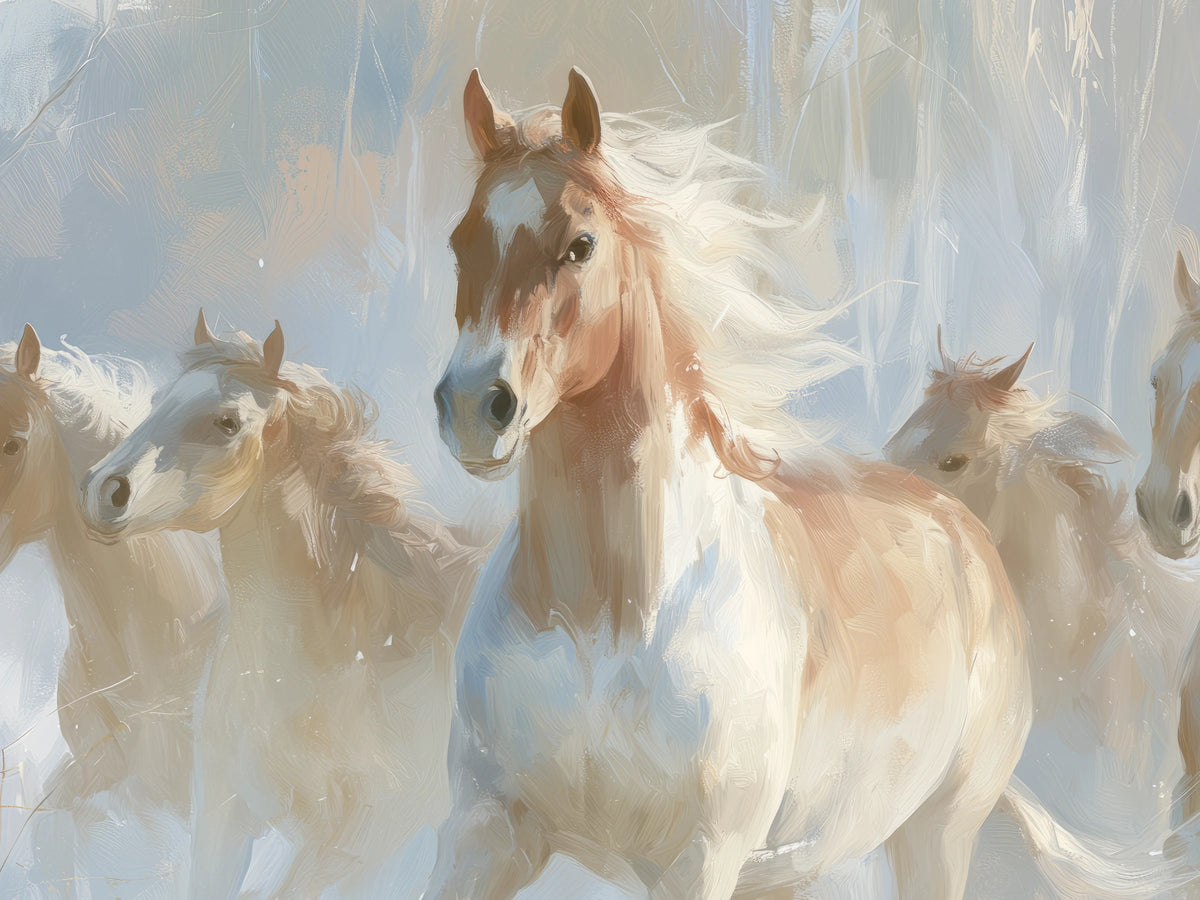 BIRCH RUN de cerca: al frente, un caballo castaño claro con lista blanca y crin al viento, junto a las cabezas de dos caballos claros
