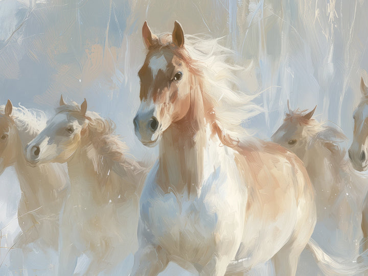 BIRCH RUN de cerca: al frente, un caballo castaño claro con lista blanca y crin al viento, junto a las cabezas de dos caballos claros
