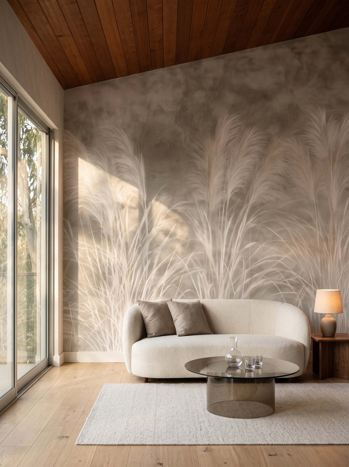 BLONDE FOUNTAINS w aranżacji salonu w stylu lat 70., przed ścianą niska obła sofa i szklany stolik