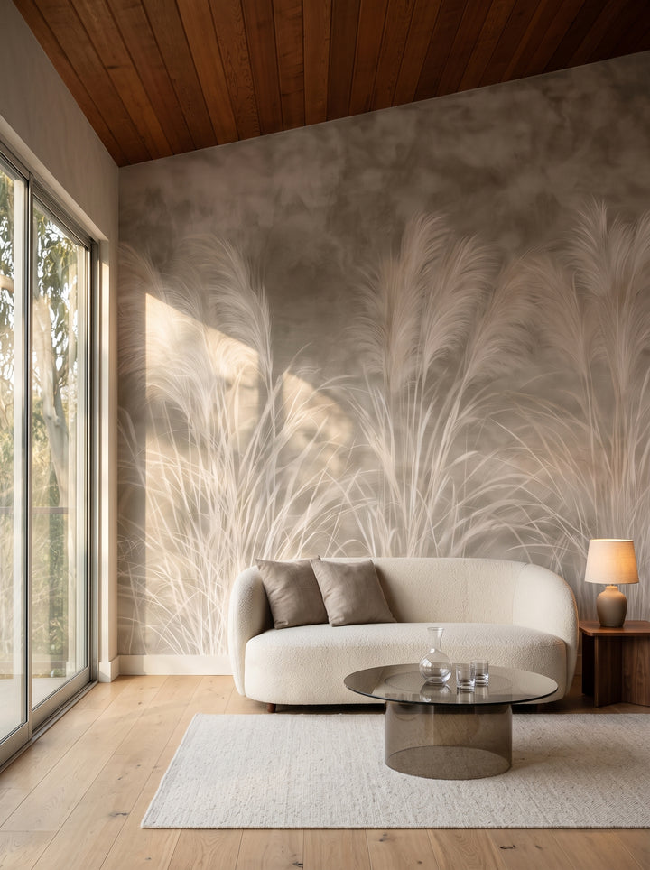 BLONDE FOUNTAINS en una ambientación de salón de estilo años 70, con un sofá bajo y redondeado y una mesa de cristal ante la pared