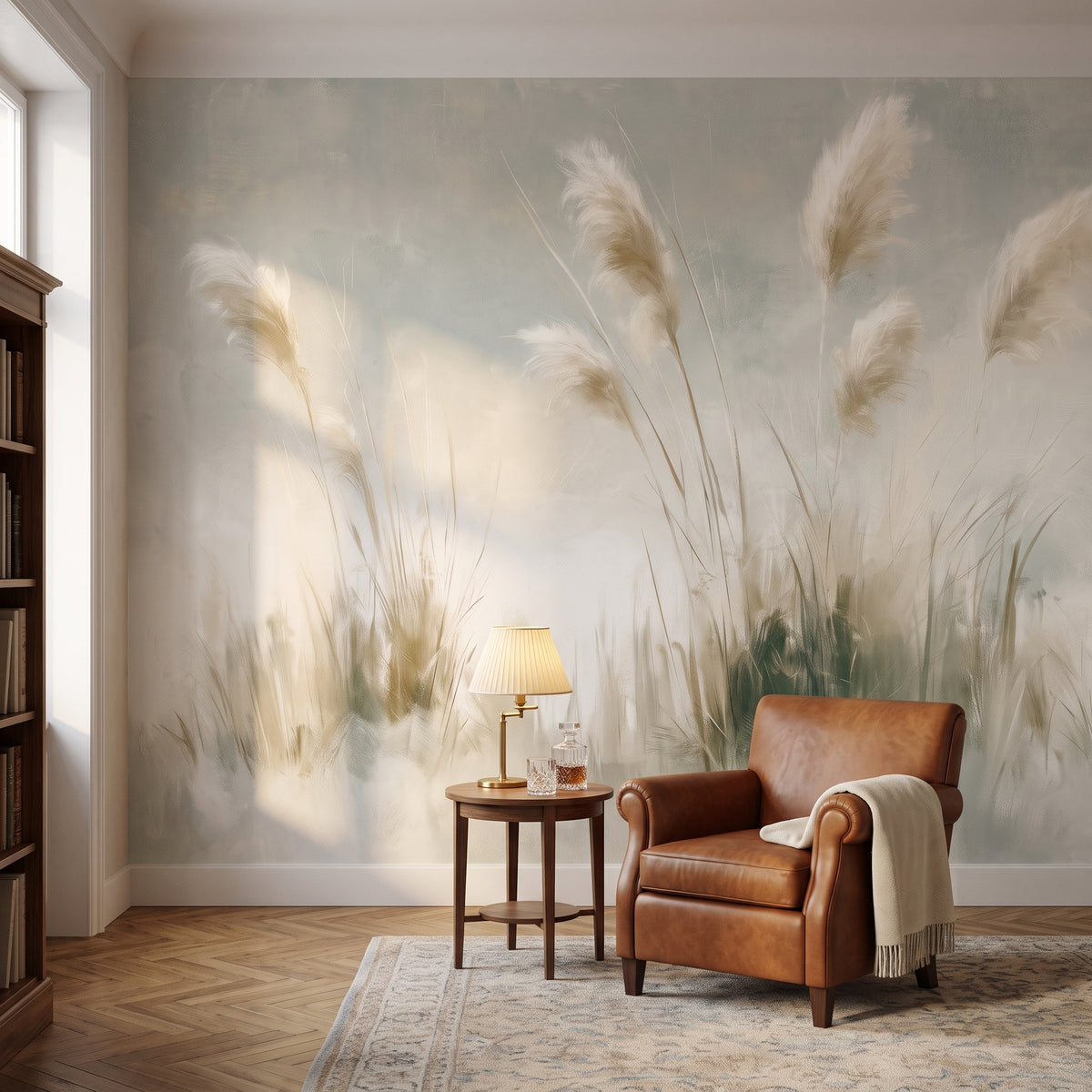 BLUE UPDRAFT en mise en scène de bibliothèque à Vienne, avec, devant le mur, un fauteuil en cuir et une table d'appoint avec lampe
