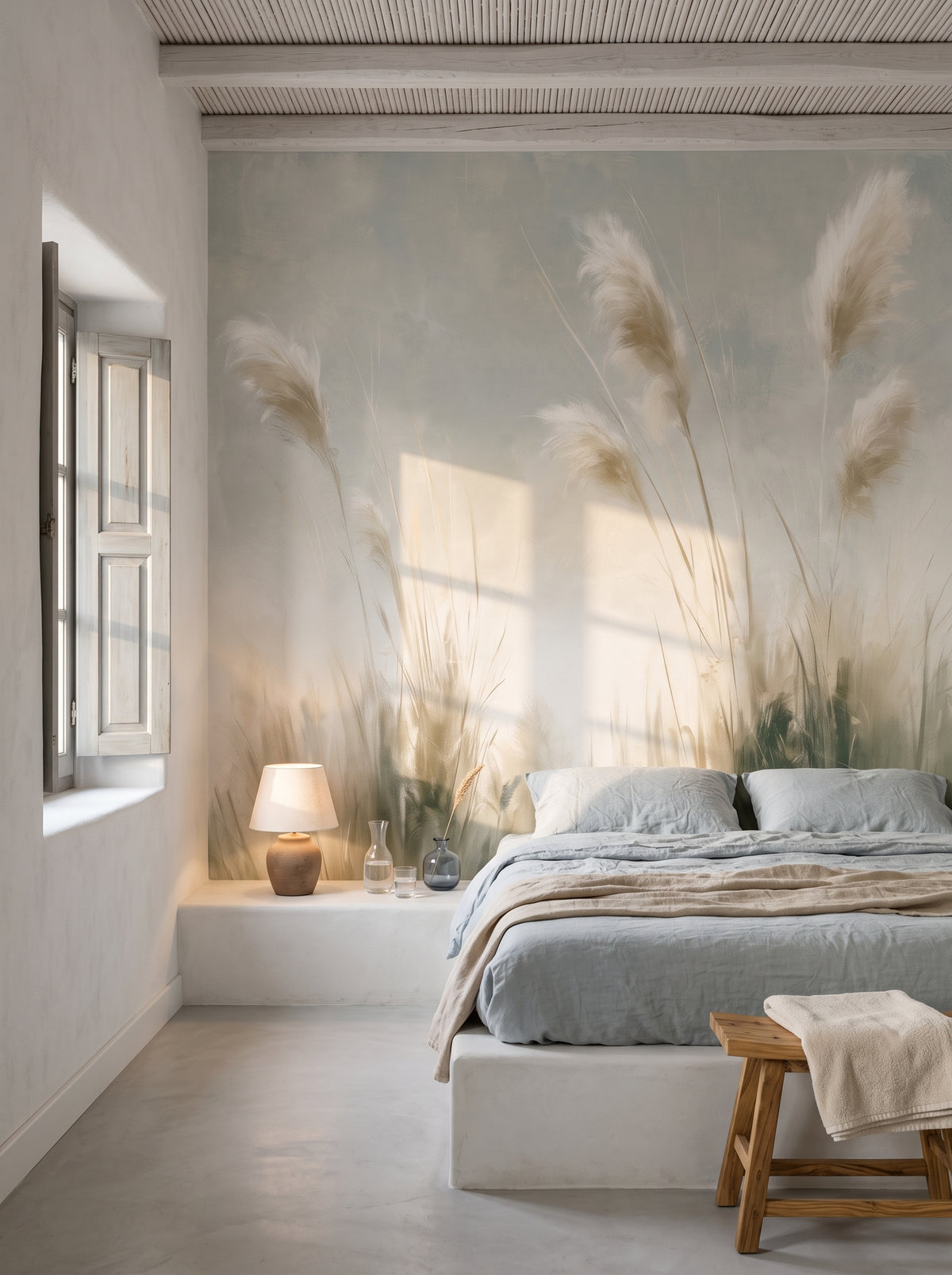 BLUE UPDRAFT en mise en scène de chambre à Paros, avec, devant le mur, une plateforme de lit basse enduite et un banc de chevet