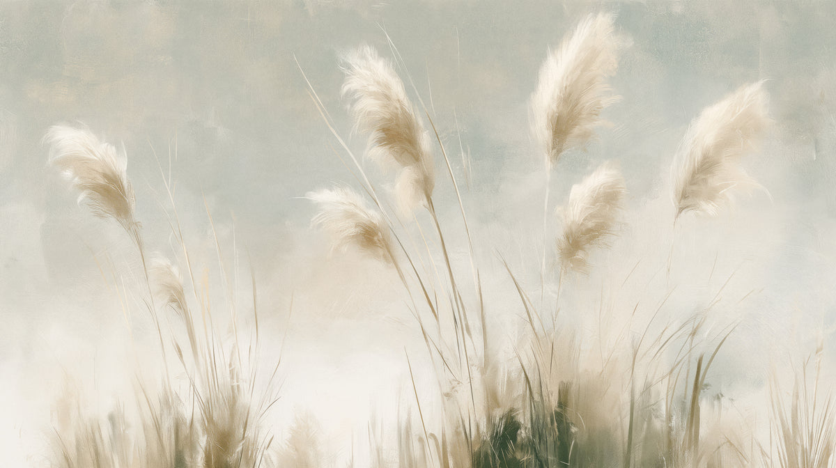 BLUE UPDRAFT – sept panaches crème d'herbe de la pampa sur un ciel bleu pâle au-dessus d'une brume claire