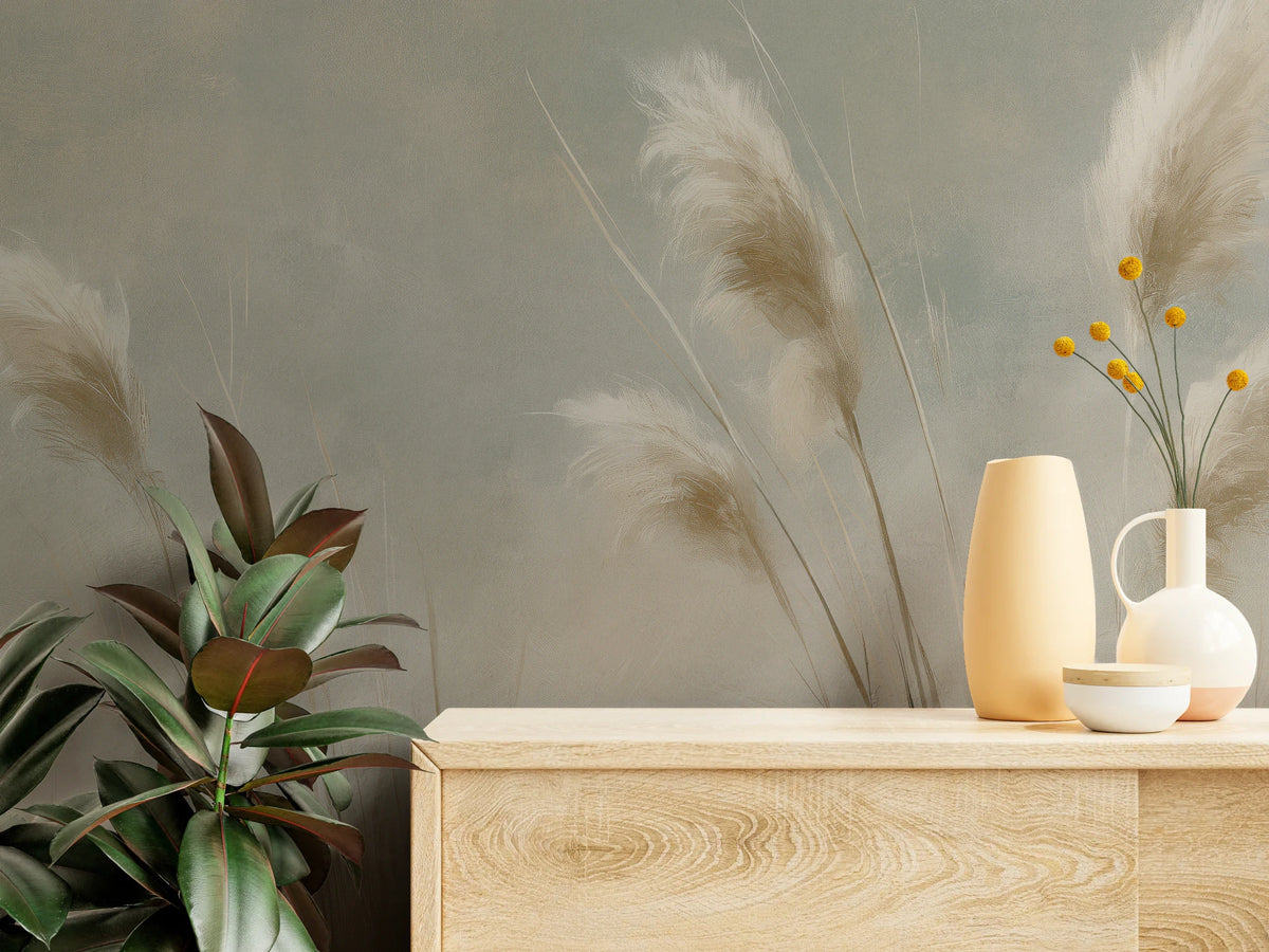 BLUE UPDRAFT en gros plan : plumets picturaux de pampa au-dessus d'une commode en bois clair avec vases, à côté une plante