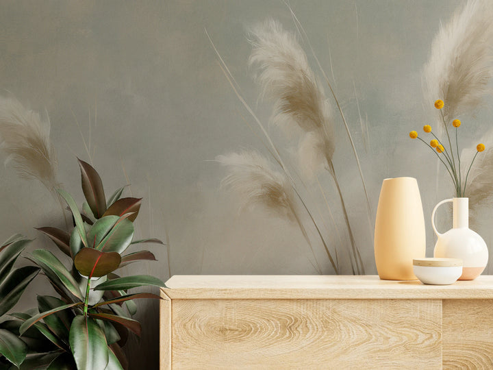 BLUE UPDRAFT en gros plan : plumets picturaux de pampa au-dessus d'une commode en bois clair avec vases, à côté une plante