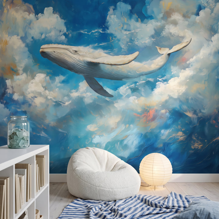 BLUE YONDER in der Raumgestaltung einer Leseecke: Wal zwischen Wolken über Sitzsack, daneben Kugellampe aus Papier