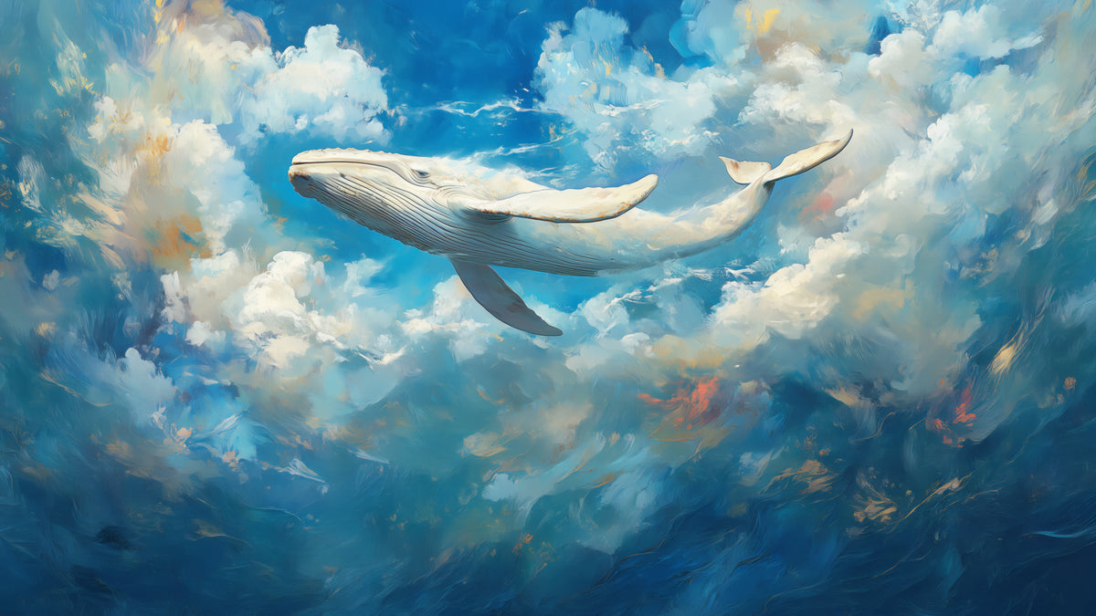 Mustervorschau: BLUE YONDER – vollständiges Motiv: weißer Wal mit ausgebreiteter Flosse, wirbelnde Wolken am kobaltblauen Himmel, korallenrote Akzente unten
