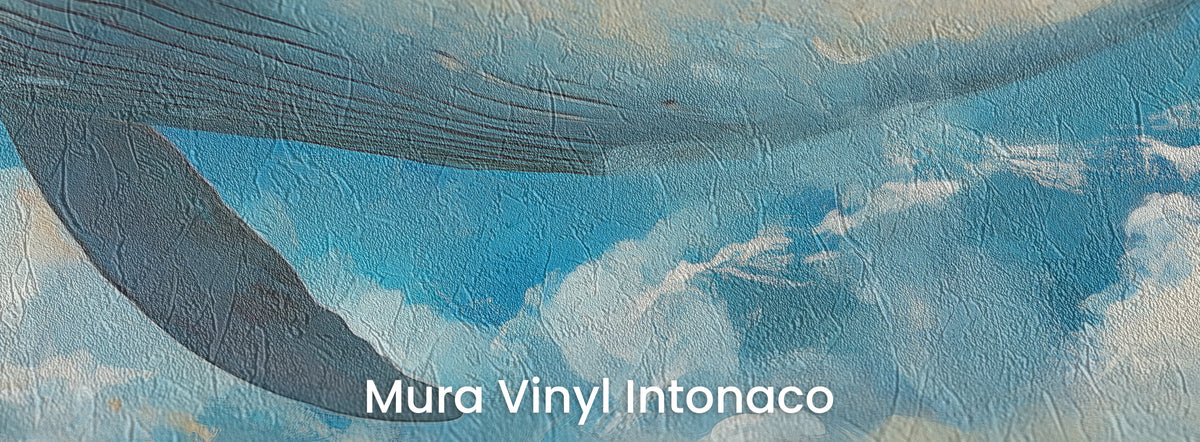 BLUE YONDER auf dem Trägermaterial Mura Vinyl Intonaco: Bauch und Flosse des Wals über Wolken, Reibeputz-Struktur