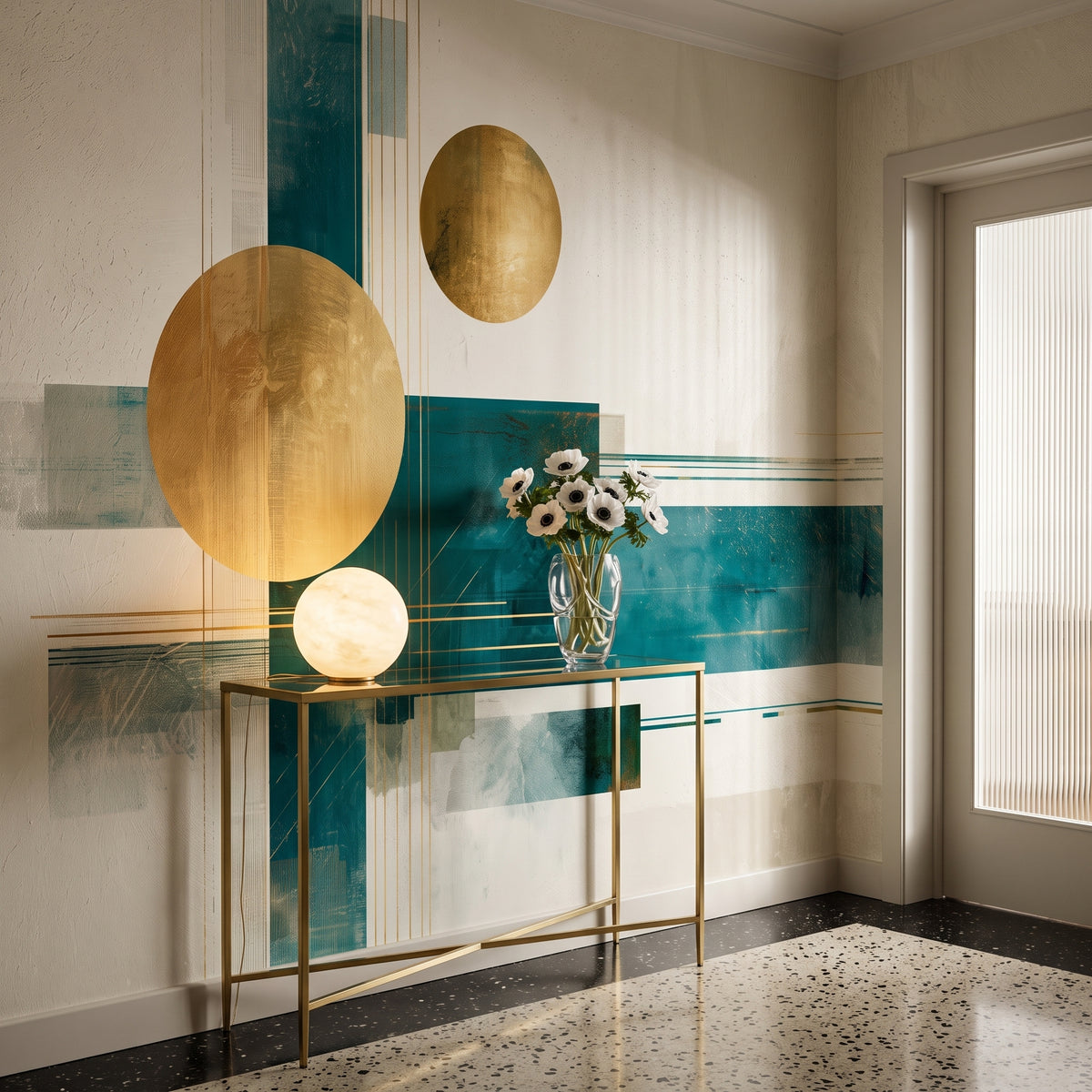 BRASS MERIDIAN w aranżacji holu: wąska konsola ze szklanym blatem i okrągła lampa pod złotym kołem