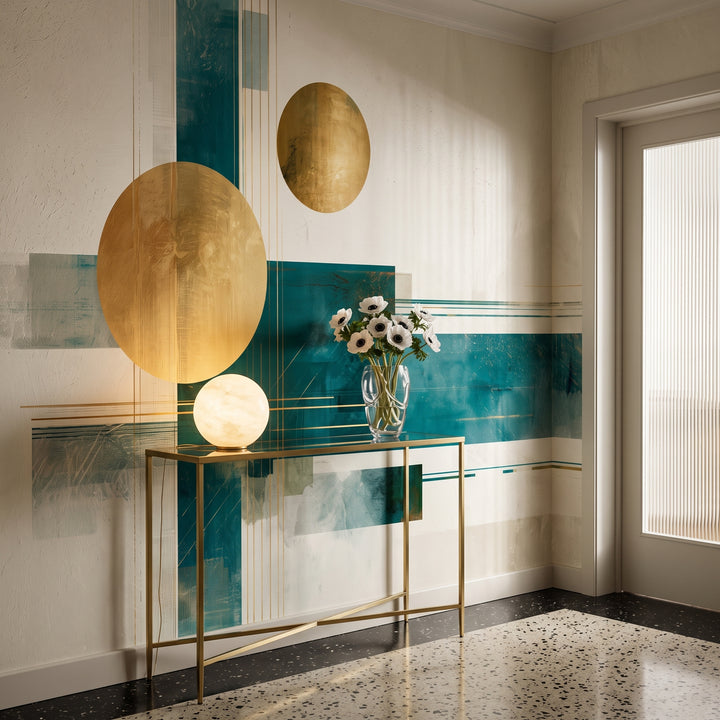 BRASS MERIDIAN w aranżacji holu: wąska konsola ze szklanym blatem i okrągła lampa pod złotym kołem