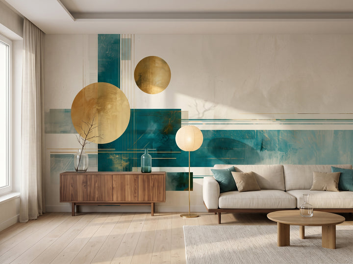 BRASS MERIDIAN w aranżacji salonu: niska jasna sofa i orzechowy kredens przed całą ścianą