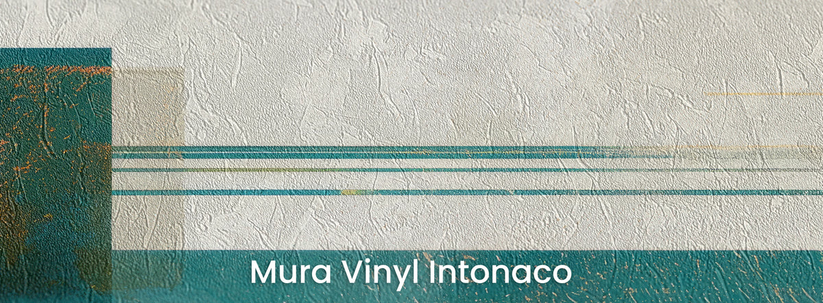 BRASS MERIDIAN na podłożu Mura Vinyl Intonaco – faktura tartego tynku na kremowym tle z turkusowymi liniami
