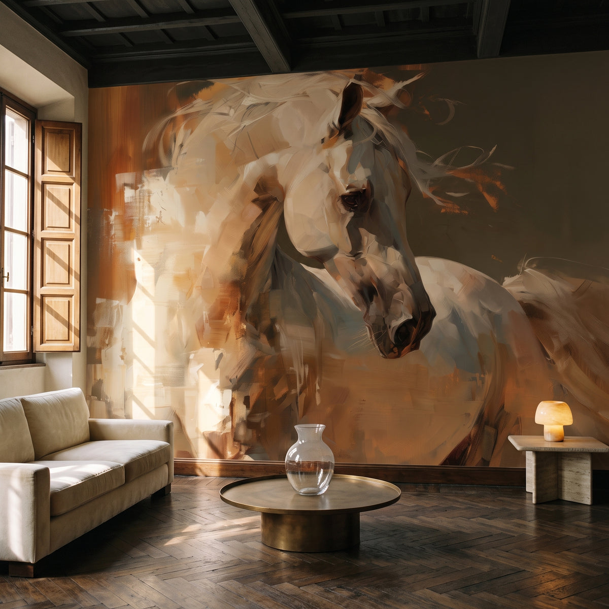 BRONZE PIROUETTE en la ambientación de un salón: caballo sobre un sofá crema bajo a la izquierda y una mesa redonda baja de bronce