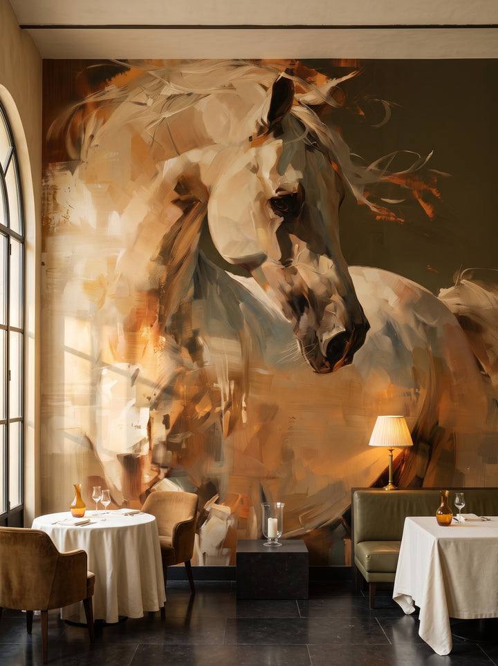 BRONZE PIROUETTE en una ambientación de restaurante: caballo blanco sobre pared oscura, a los lados mesas con manteles claros y un banco oliva