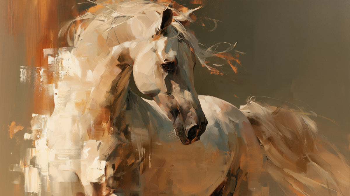 Vista previa del patrón: BRONZE PIROUETTE – motivo completo: caballo blanco de cuello arqueado sobre fondo marrón oliva con manchas crema y óxido