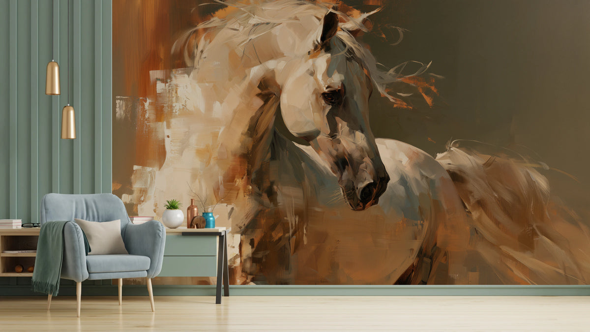 BRONZE PIROUETTE, pared de salón: caballo de cuello arqueado y crin al viento sobre fondo marrón oliva; a la izquierda, panel verde y sillón
