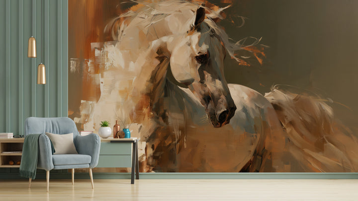 BRONZE PIROUETTE, pared de salón: caballo de cuello arqueado y crin al viento sobre fondo marrón oliva; a la izquierda, panel verde y sillón