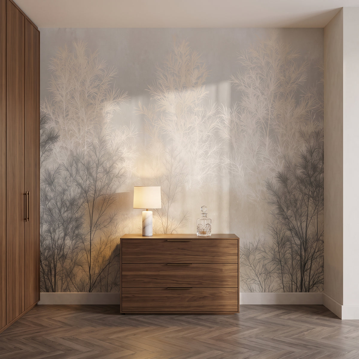 BRUSHWOOD w aranżacji garderoby w mediolańskim apartamencie, przed ścianą niska orzechowa komoda z lampką