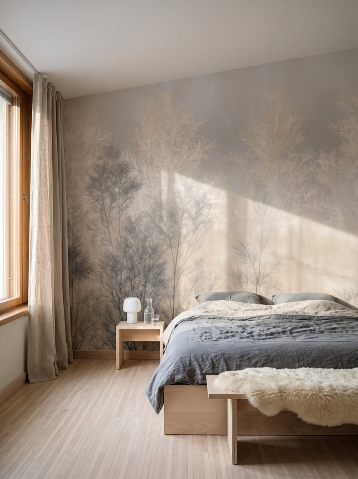 BRUSHWOOD in a Helsinki bedroom setting, a low bed with grey bedding and a birch bedside table in front of the wall