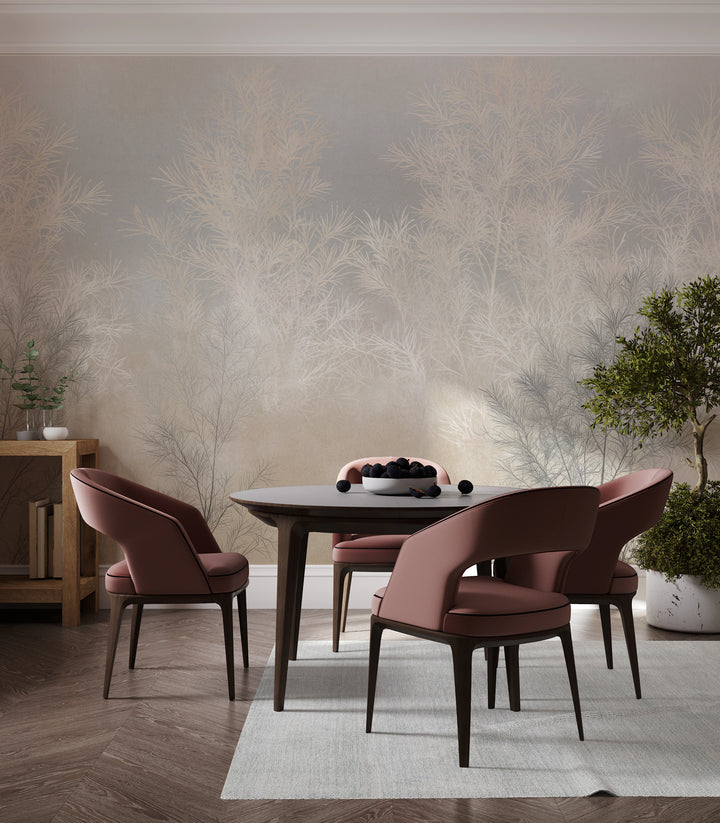 BRUSHWOOD across a whole dining room wall behind a round table and muted pink chairs, the shrubs rising high above the backrests