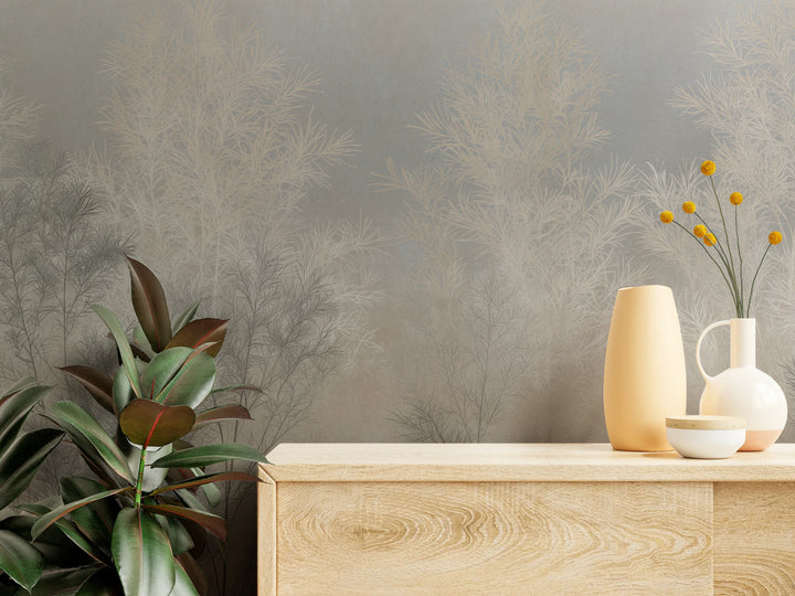 Close-up of BRUSHWOOD above a light wooden sideboard with vases – thin grey and beige twigs in the mist