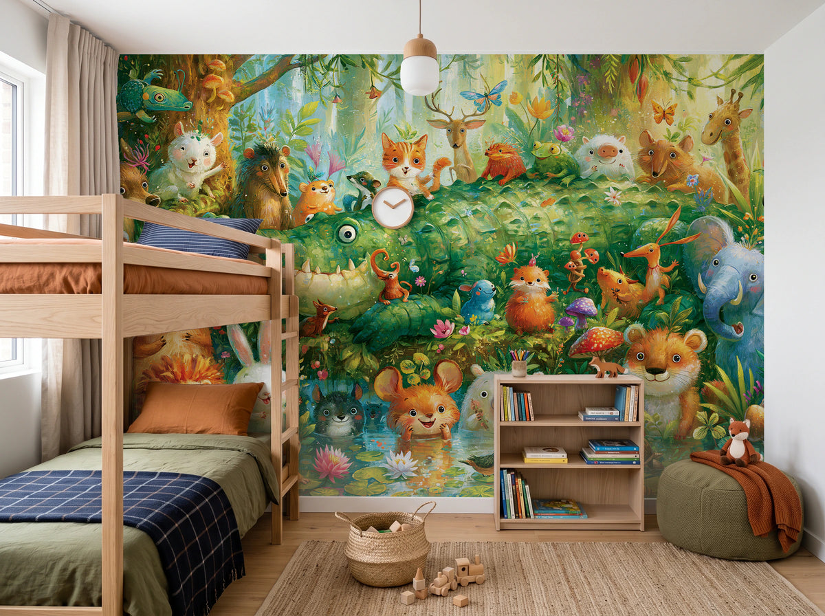 GREEN LAGOON PARADE - malarska tapeta z leśnymi zwierzętami — CHILDREN'S ROOM WITH BUNK BED