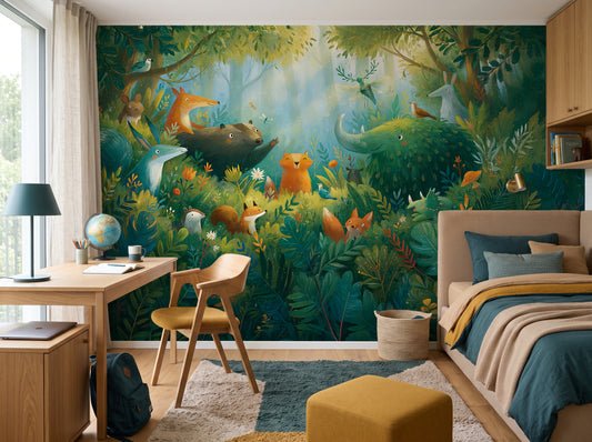 SUNLIT THICKET - malarska tapeta z leśnymi zwierzętami — child's room