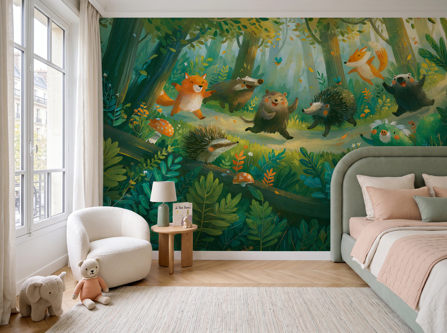 DANCING HOLLOW - tapeta z leśnymi zwierzętami dla dzieci — children's room with window