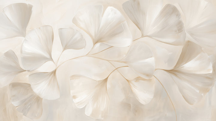 CAMEO – il motivo intero: ghirlanda di grandi foglie di ginkgo bianche con ombreggiatura scultorea su sfondo color avorio