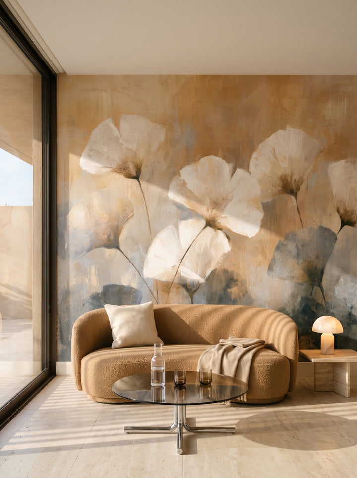 CARAMEL TWIRL in a living room setting in a 1970s house in Palm Springs, with a low, rounded caramel sofa in front of the wall